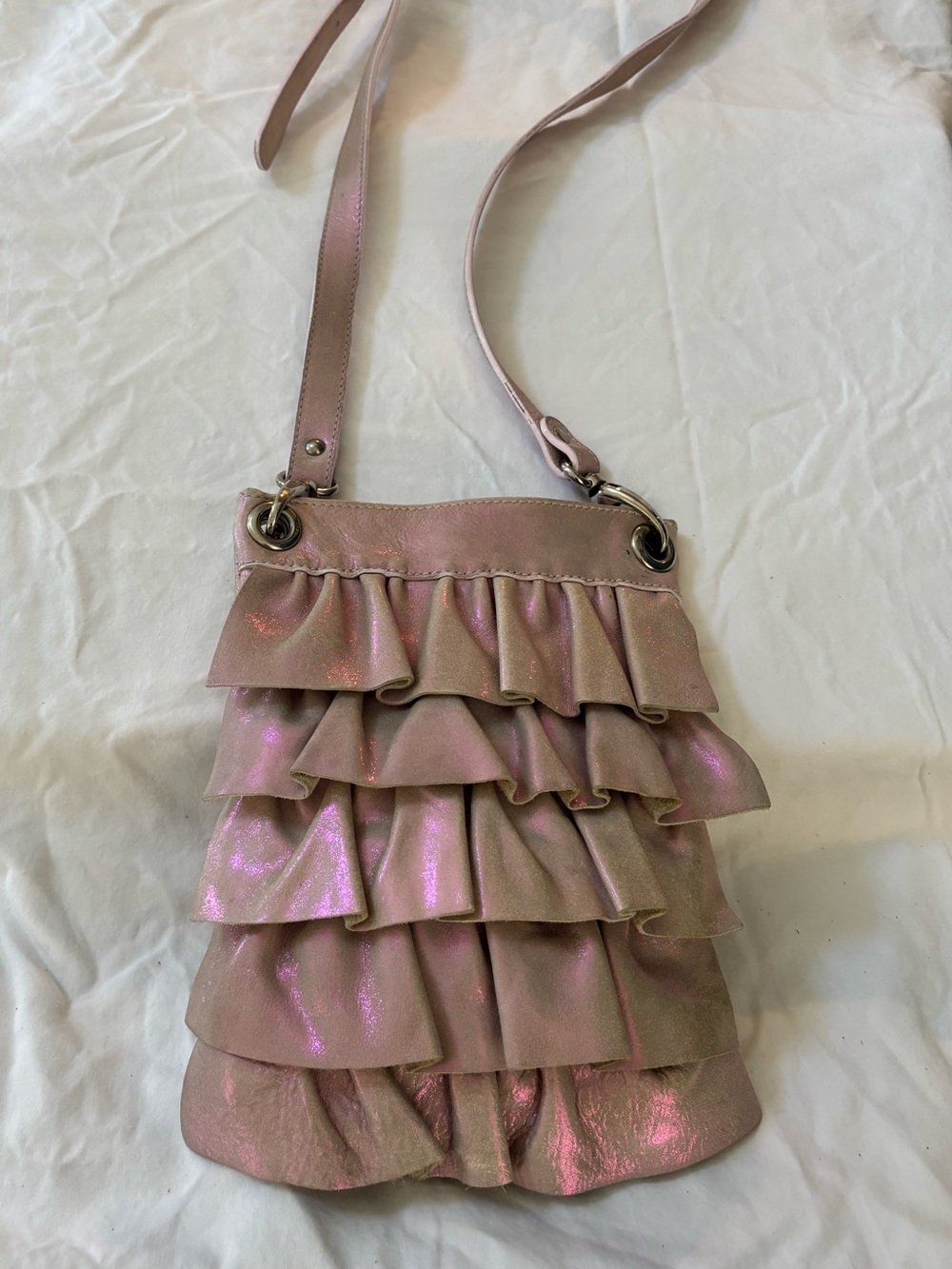 Maurizio Taiuti Pink Iridescent Ruffle Leather Crossbody